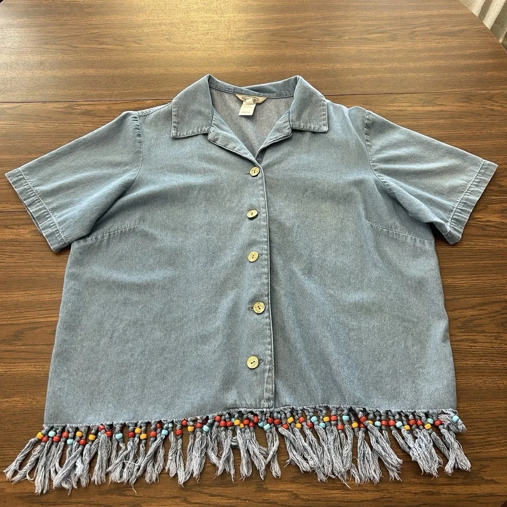 Stonebridge 1X Chambray‎ Denim Beaded Fringe Hem Shirt Festival Western Plus - Picture 2 of 13